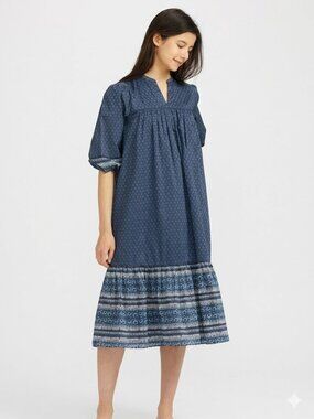 Anna Sui Uniqlo Cotton Midi Dress Boho Relaxed Peasant Tiered Hippie Blue XS